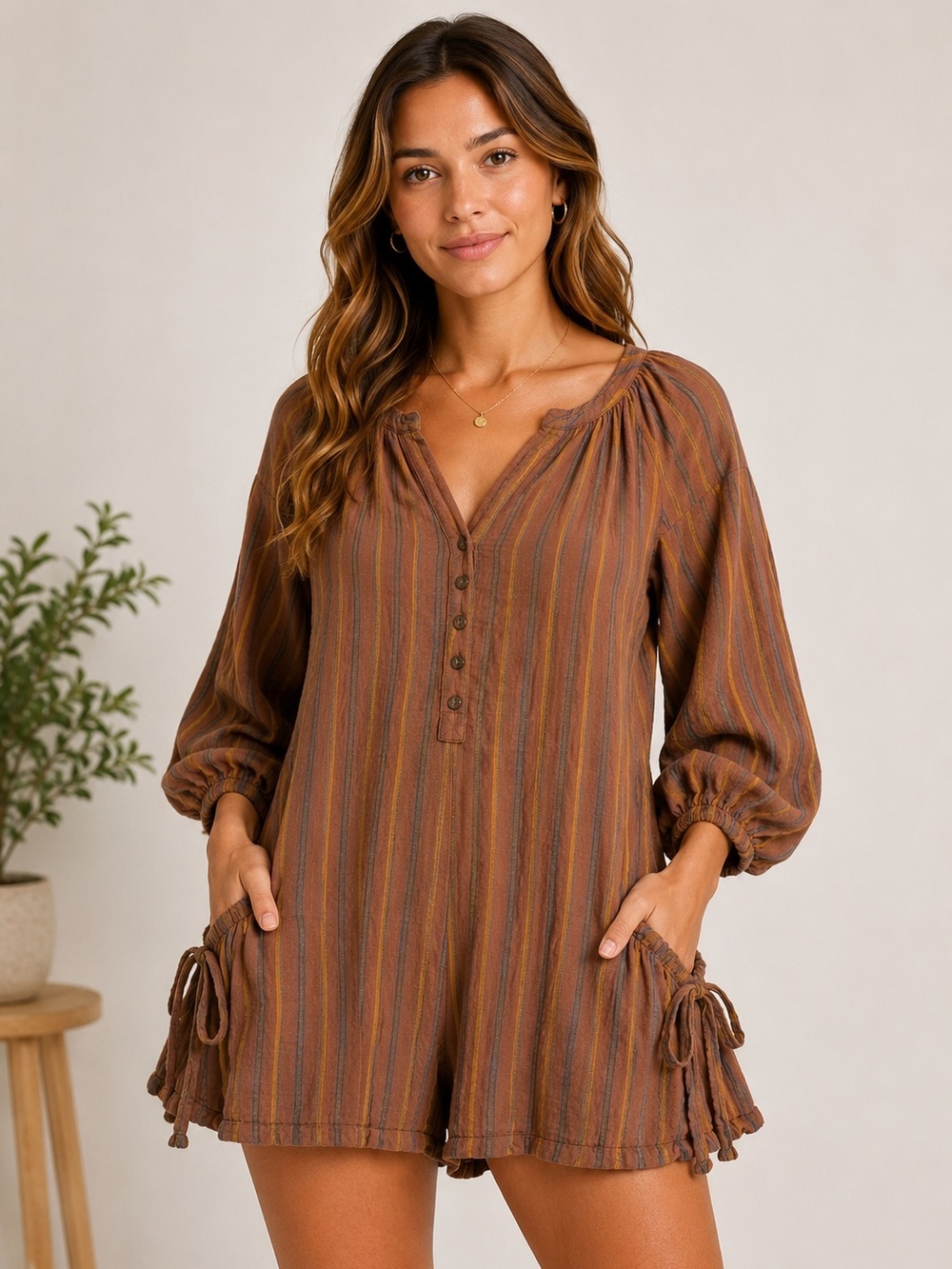 Shop Neighbor Boho Romper Size M Brown Striped Cotton Button Front Tie Pockets